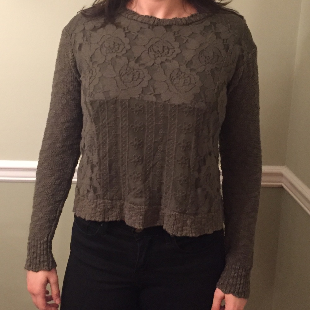 Cropped olive green floral lace overlay sweater